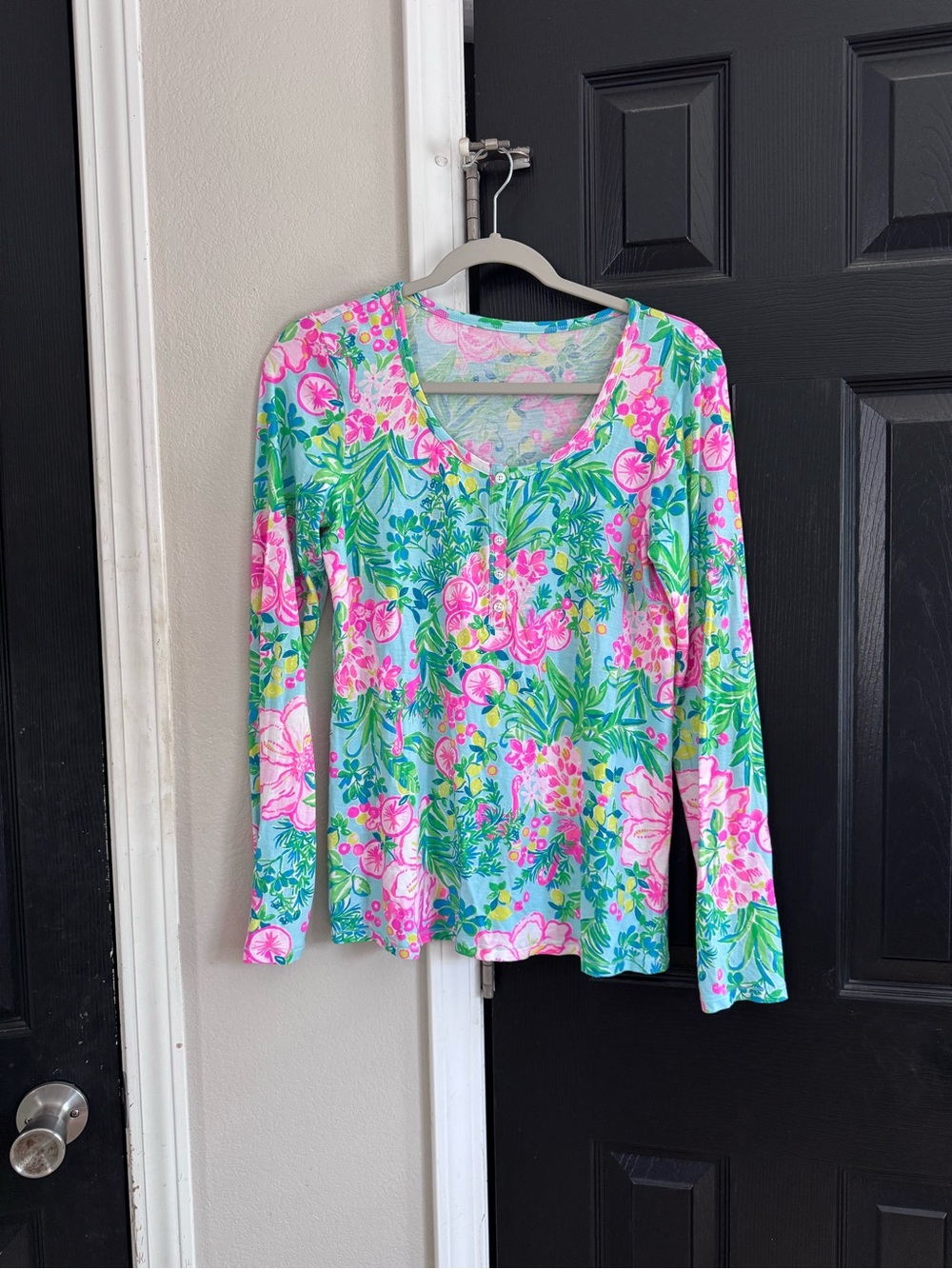 Lilly Pulitzer Pink & Aqua Floral Long-Sleeve Scoop Neck Top